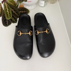 Gucci Black Leather Slides with Gold Horsebit